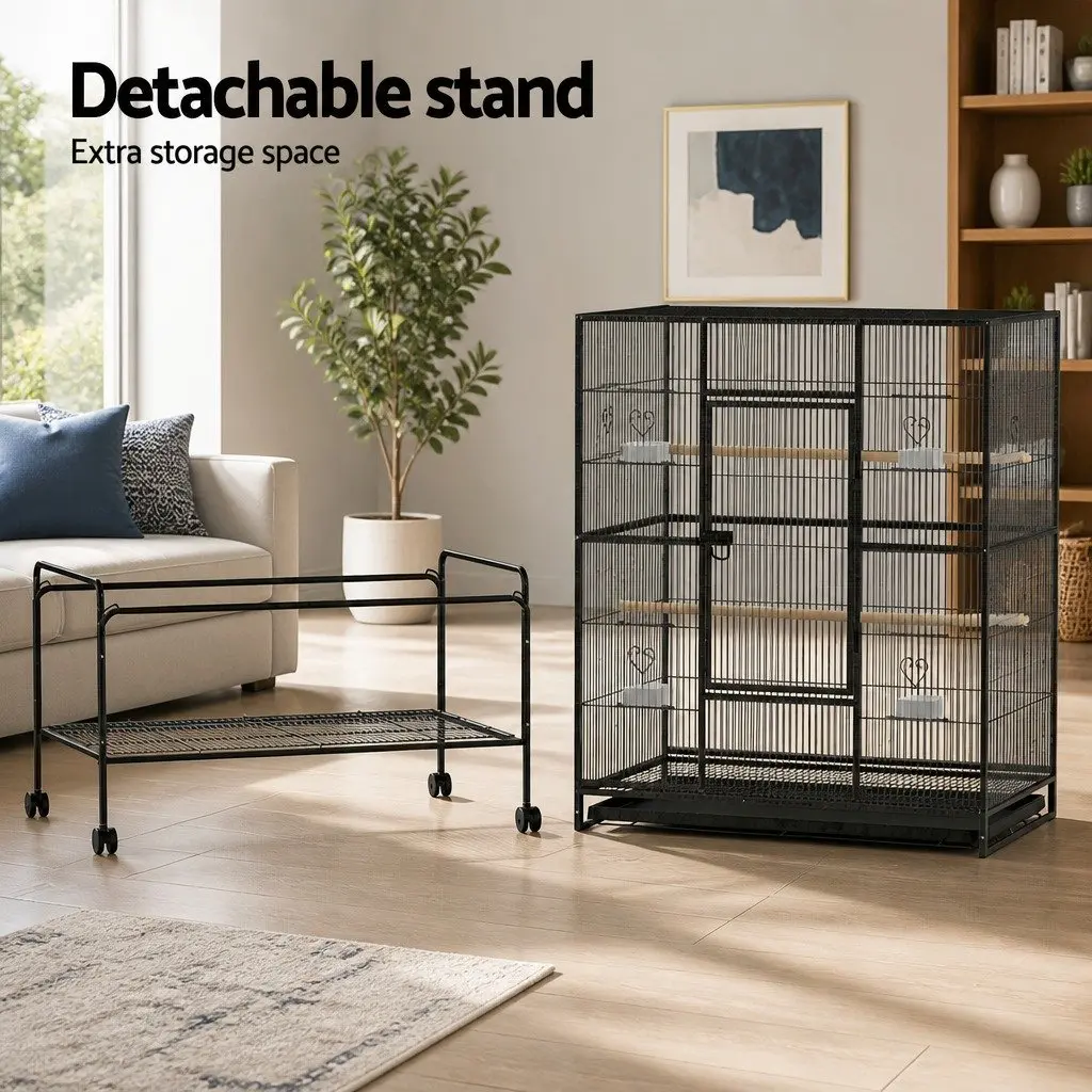 Bird Cage Black 138cm Large Powder-coated Wrought Iron Stand with Castor Wheels Easy Assembly