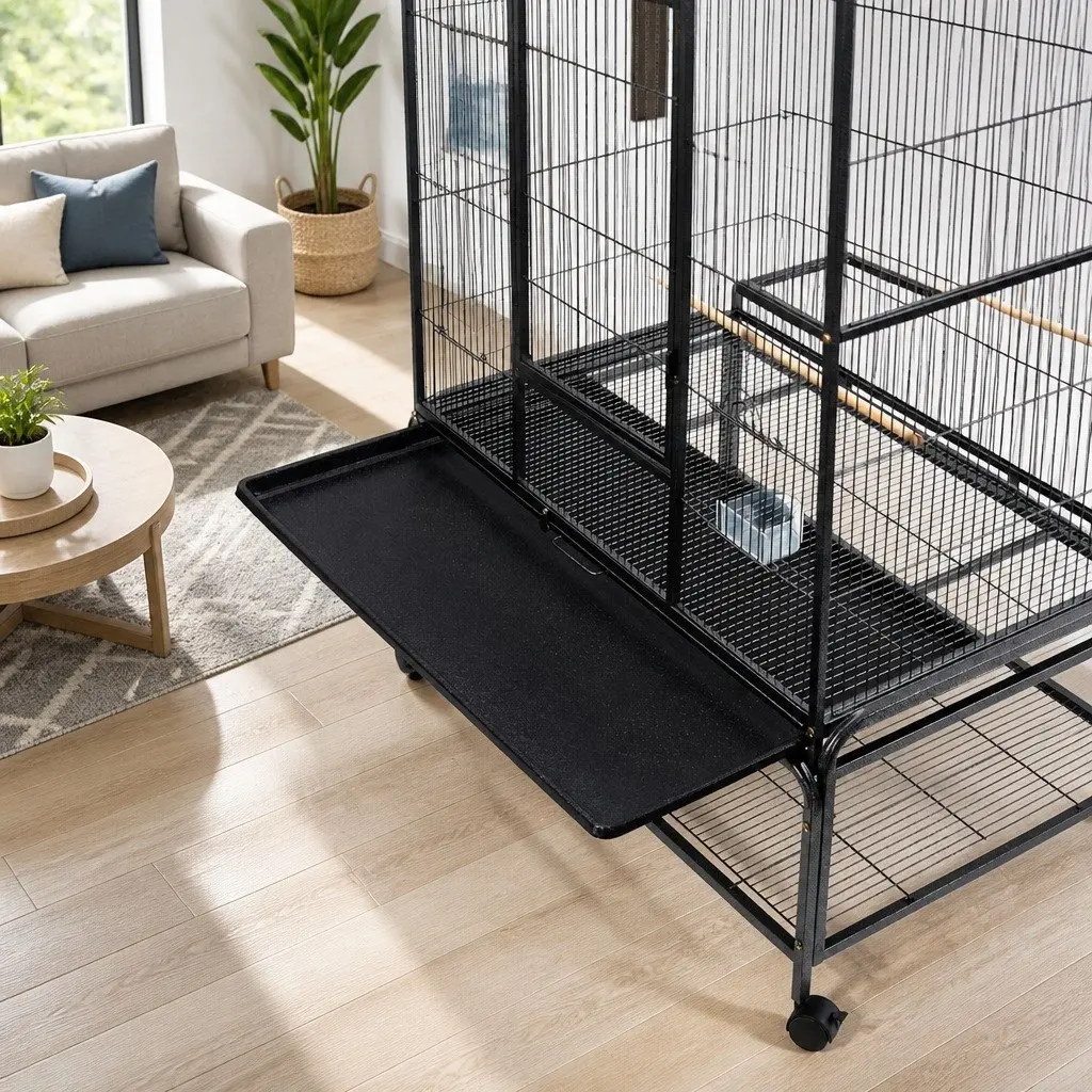 Bird Cage Black 138cm Large Powder-coated Wrought Iron Stand with Castor Wheels Easy Assembly