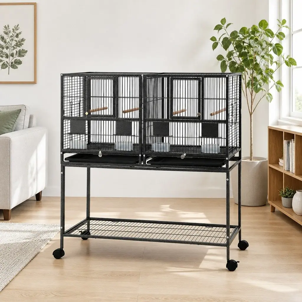 Bird Cage Black 106cm 2-in-1 Divider Durable Steel Frame with Wheels Storage