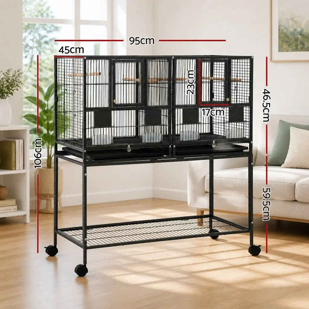 Bird Cage Black 106cm 2-in-1 Divider Durable Steel Frame with Wheels Storage