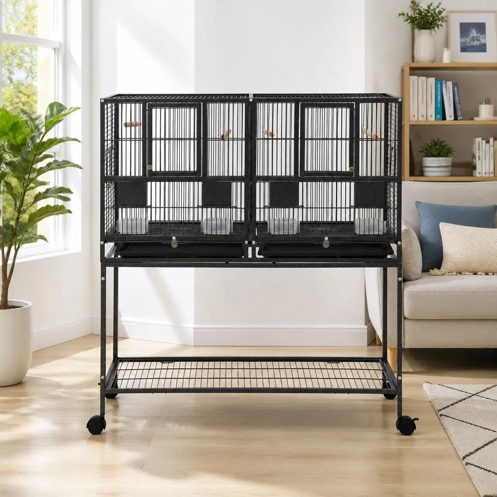 Bird Cage Black 106cm 2-in-1 Divider Durable Steel Frame with Wheels Storage