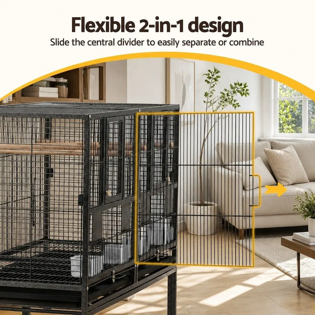Bird Cage Black 106cm 2-in-1 Divider Durable Steel Frame with Wheels Storage