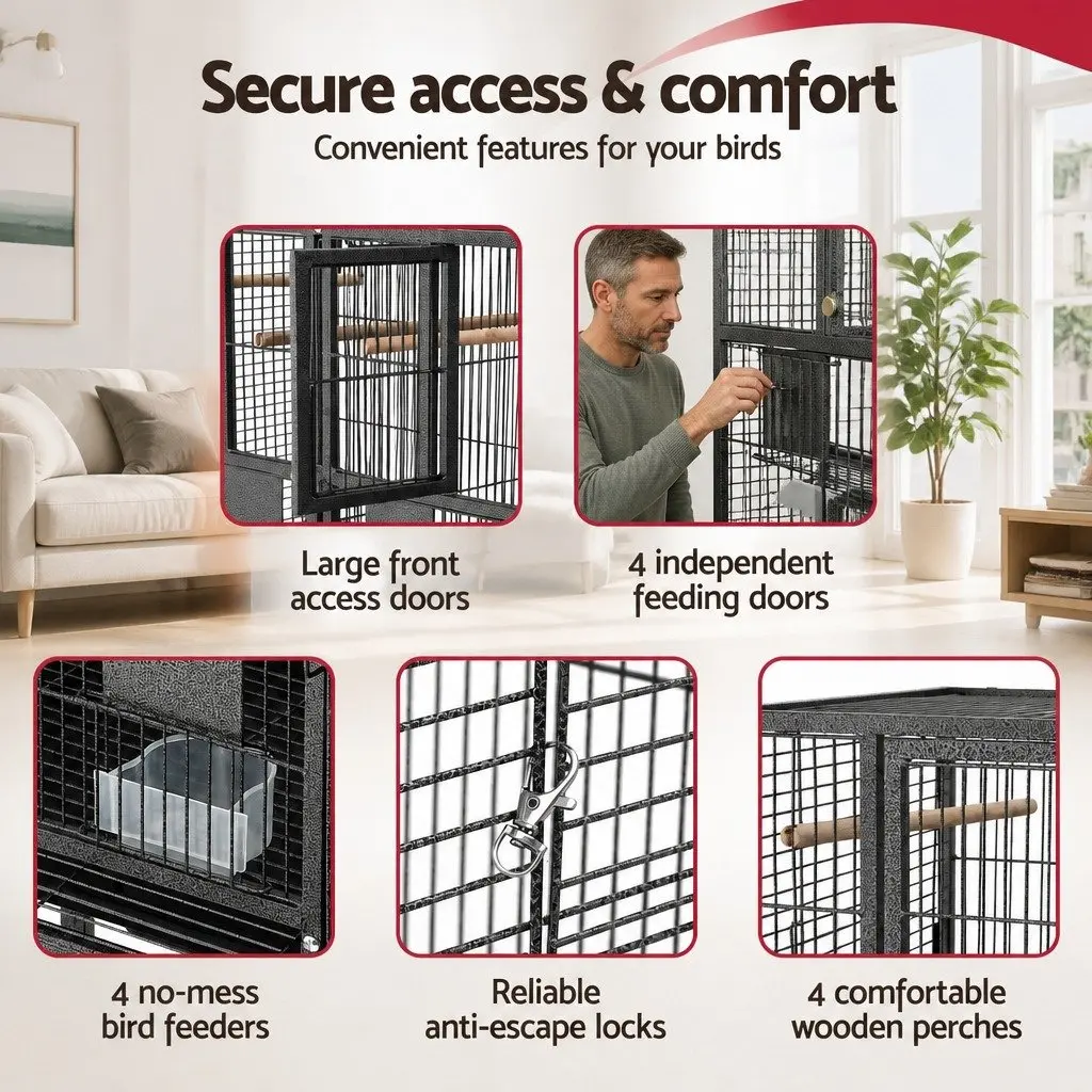 Bird Cage Black 106cm 2-in-1 Divider Durable Steel Frame with Wheels Storage