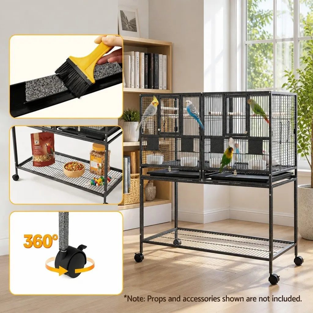 Bird Cage Black 106cm 2-in-1 Divider Durable Steel Frame with Wheels Storage