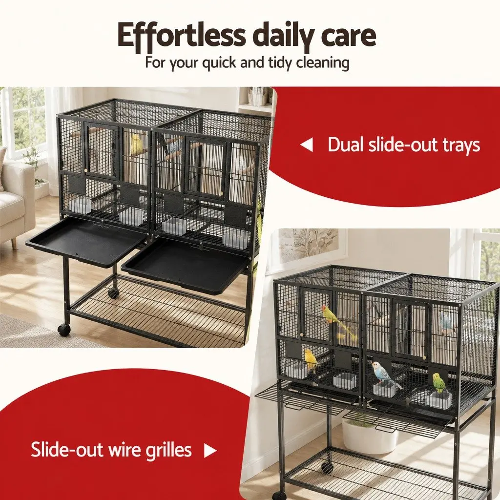 Bird Cage Black 106cm 2-in-1 Divider Durable Steel Frame with Wheels Storage