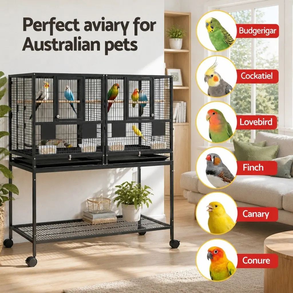 Bird Cage Black 106cm 2-in-1 Divider Durable Steel Frame with Wheels Storage
