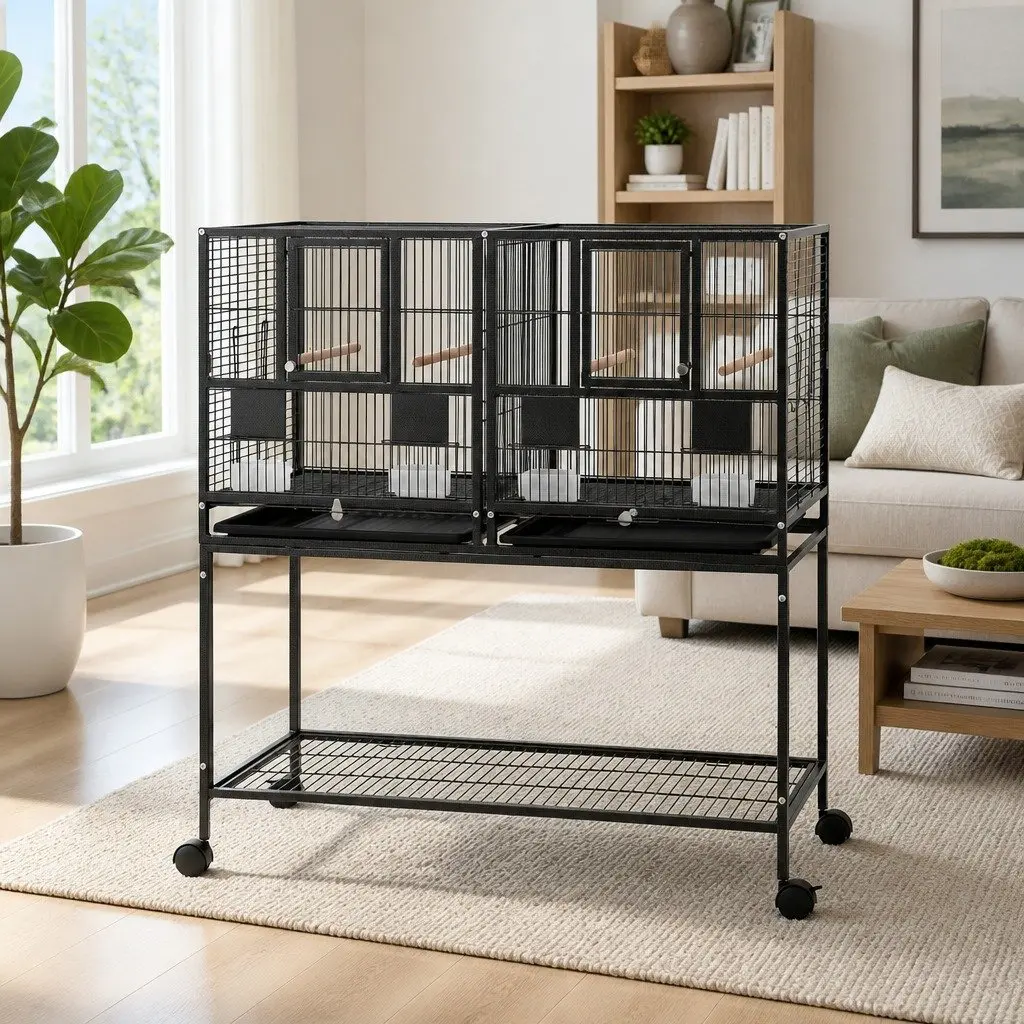 Bird Cage Black 106cm 2-in-1 Divider Durable Steel Frame with Wheels Storage