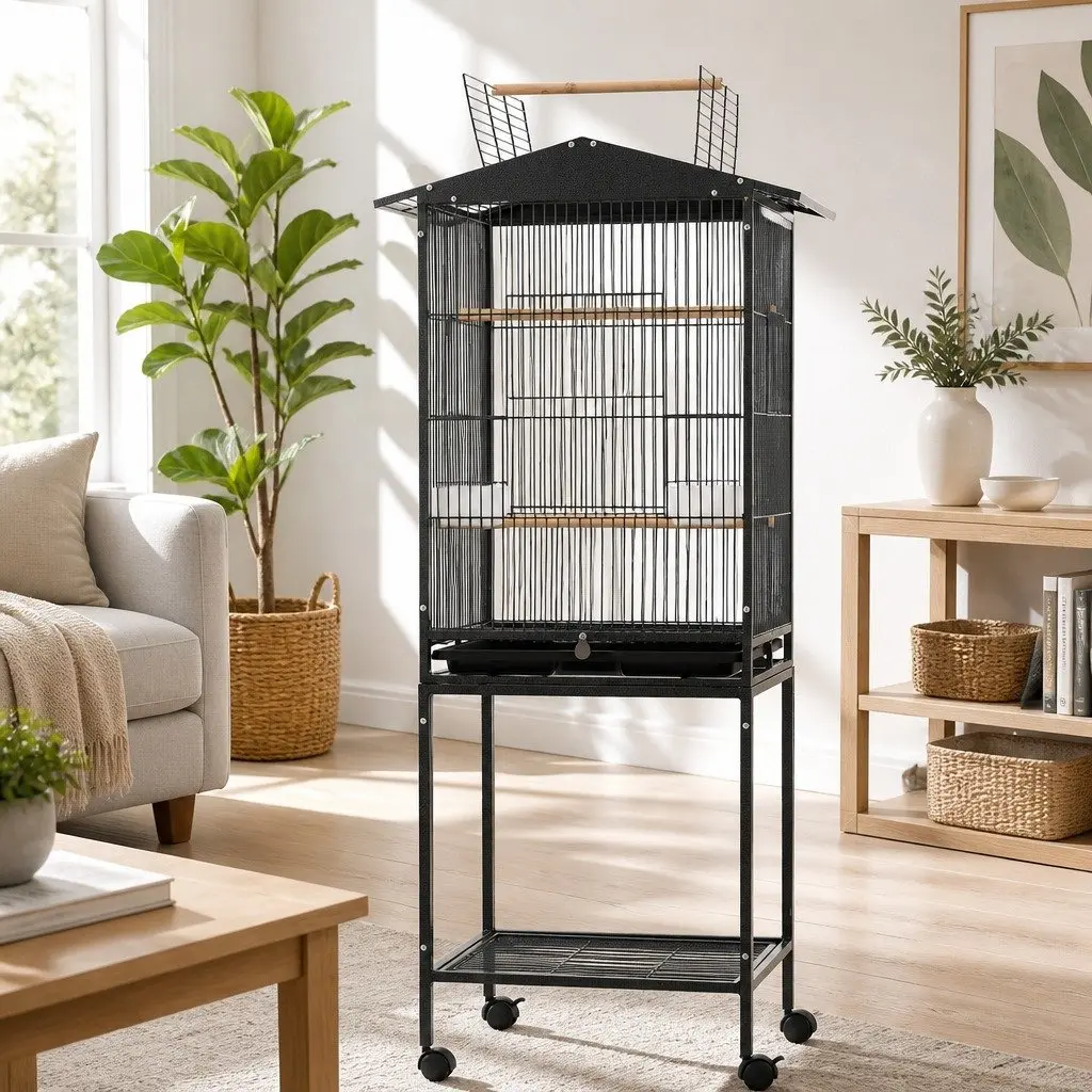 Bird Cage Aviary Open Top Parrot Budgie Stand 136cm Wheels Black Storage Shelf