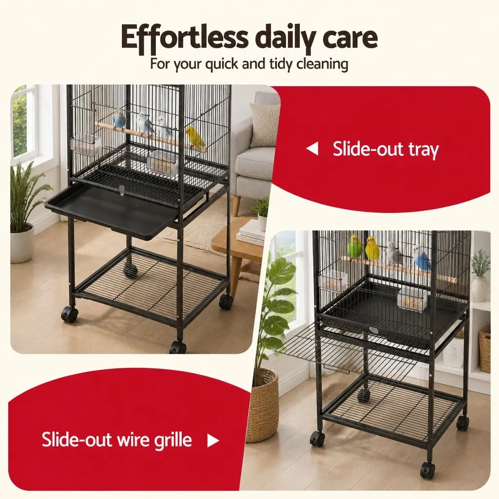 Bird Cage Aviary Open Top Parrot Budgie Stand 136cm Wheels Black Storage Shelf