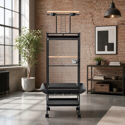 Bird Cage Large Parrot Aviary Stand-Alone 155cm Black Budgie Wheels Castor