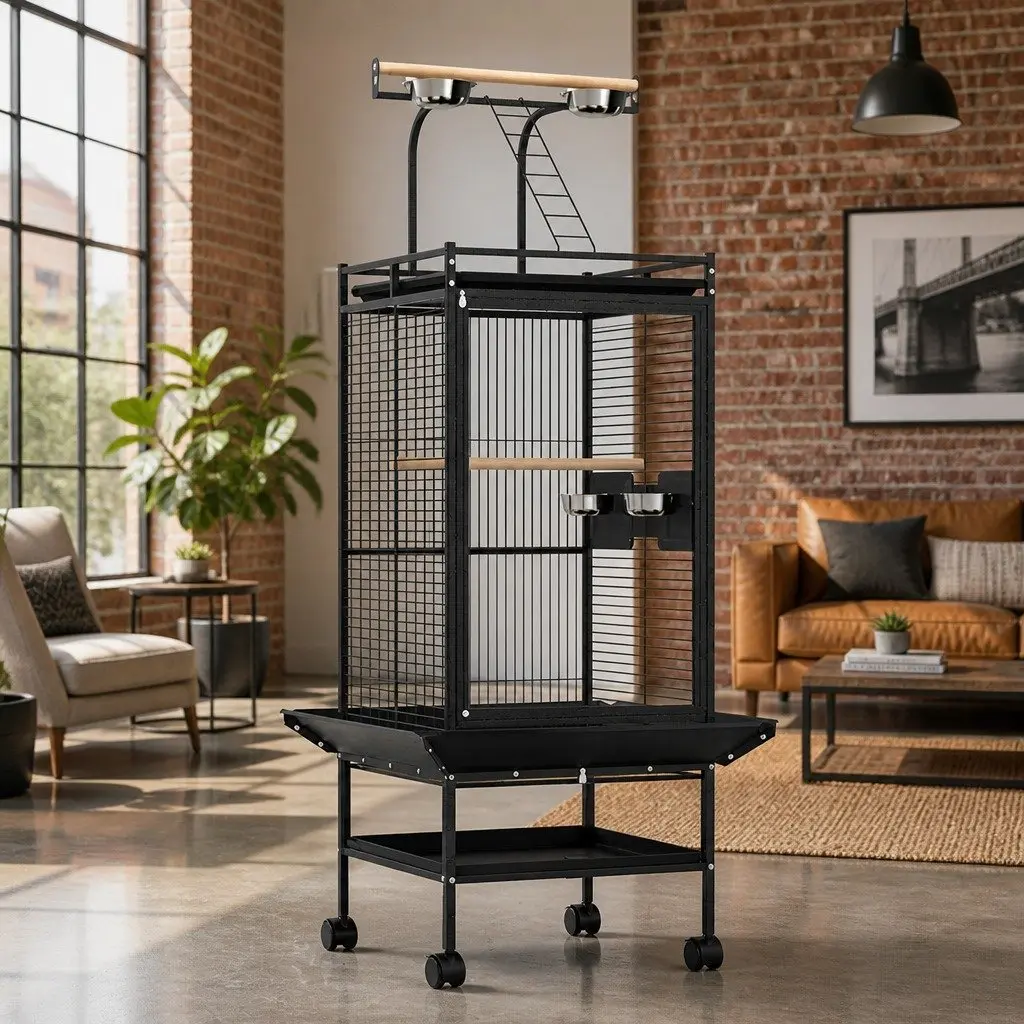 Bird Cage Black Large Stand-Alone Aviary with Pyramid Top Play Area and Wheels
