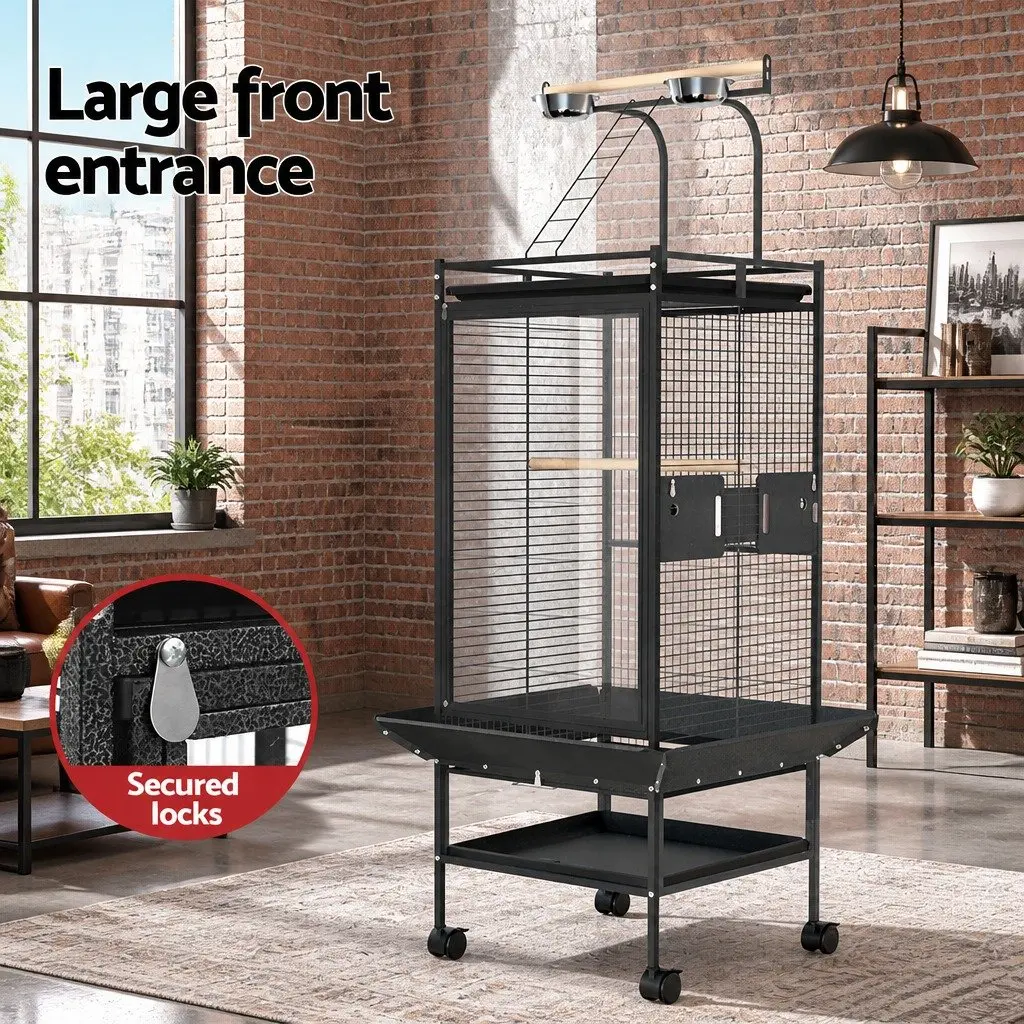 Bird Cage Black Large Stand-Alone Aviary with Pyramid Top Play Area and Wheels