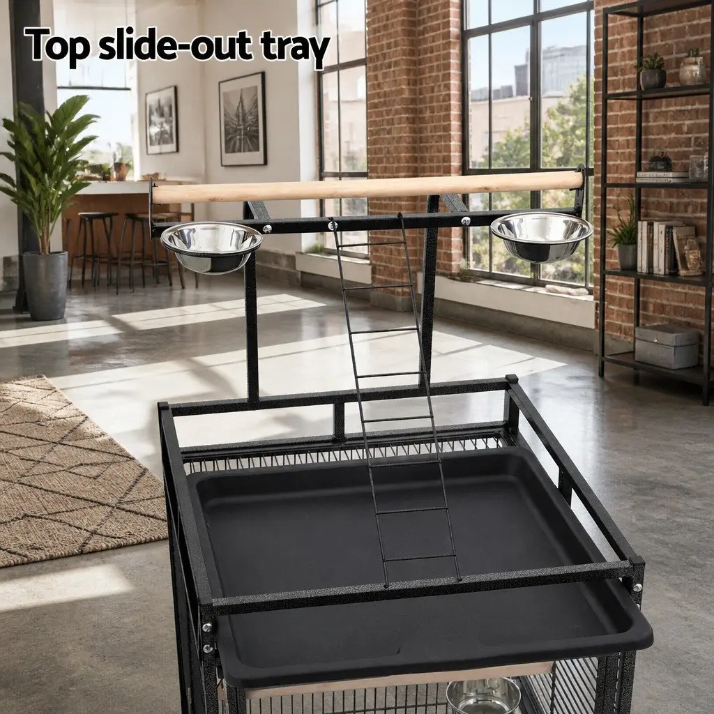 Bird Cage Black Large Stand-Alone Aviary with Pyramid Top Play Area and Wheels
