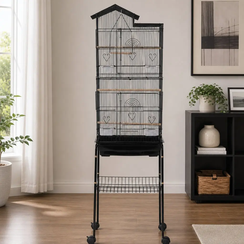 Bird Cage Aviary 158cm Parrot Budgie Stand Wheels Black 3-in-1 Design Hanging