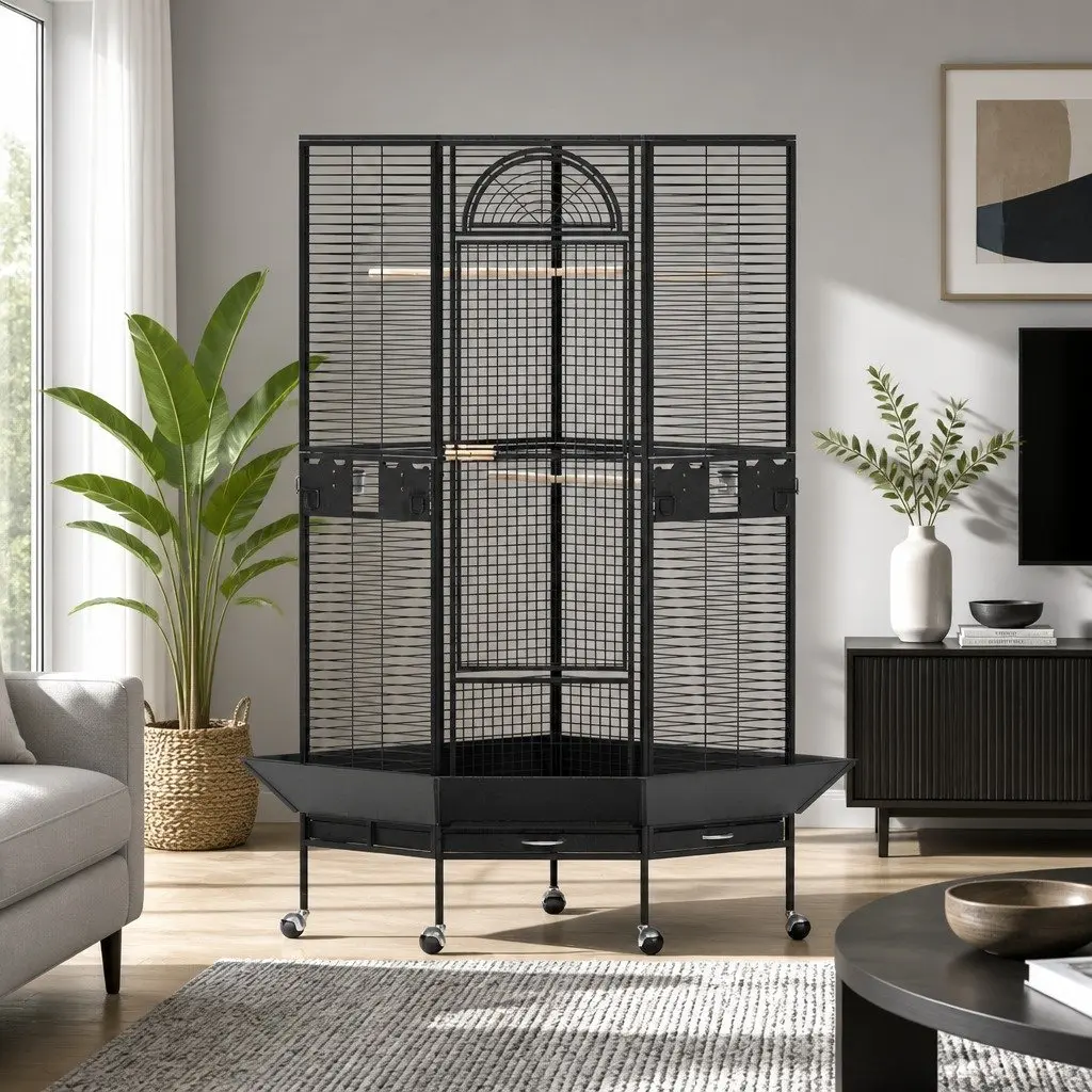 Large Black Bird Cage Aviary Stand Parrot Budgie Jumbo Corner Wheels Perches