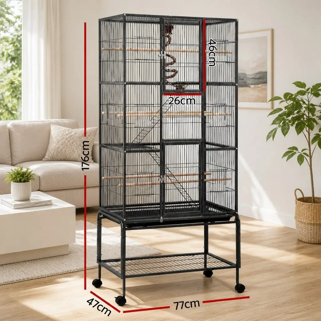 Large Black 3-Tier Bird Cage 176cm Heavy-Duty Steel with Internal Ladders Rolling Wheels