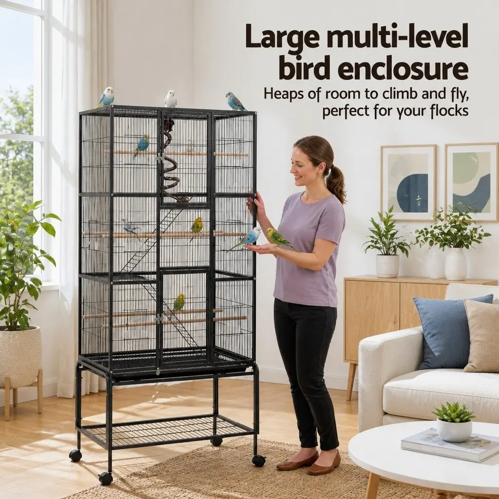 Large Black 3-Tier Bird Cage 176cm Heavy-Duty Steel with Internal Ladders Rolling Wheels
