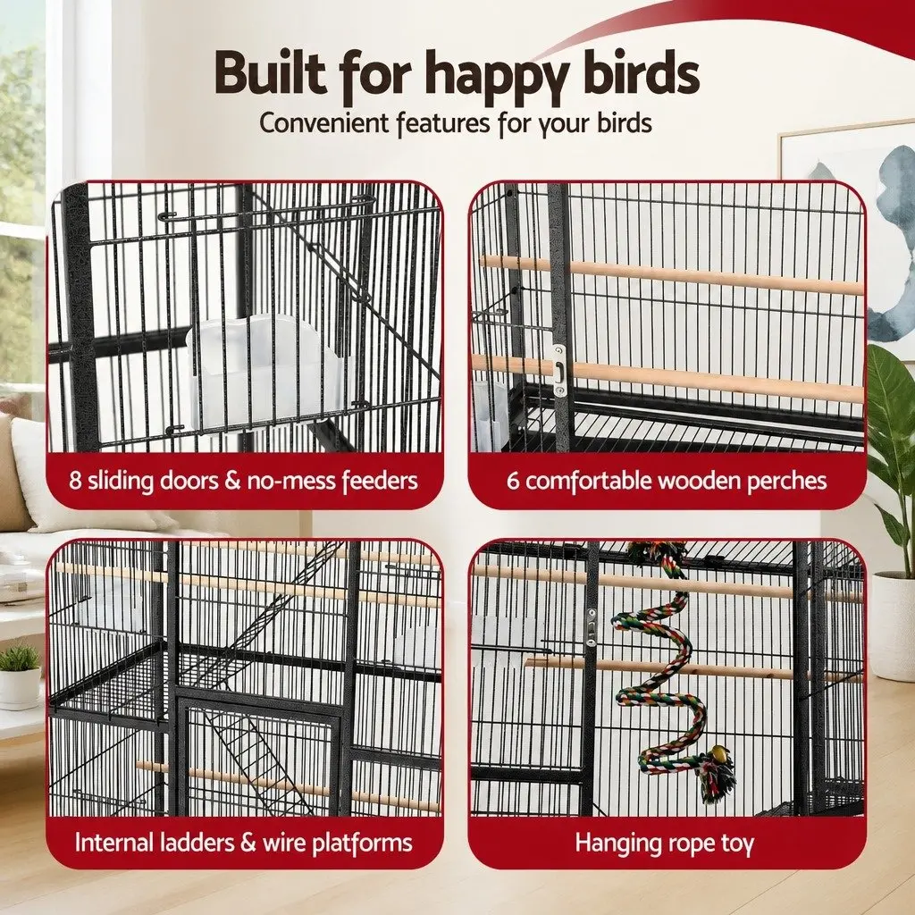 Large Black 3-Tier Bird Cage 176cm Heavy-Duty Steel with Internal Ladders Rolling Wheels