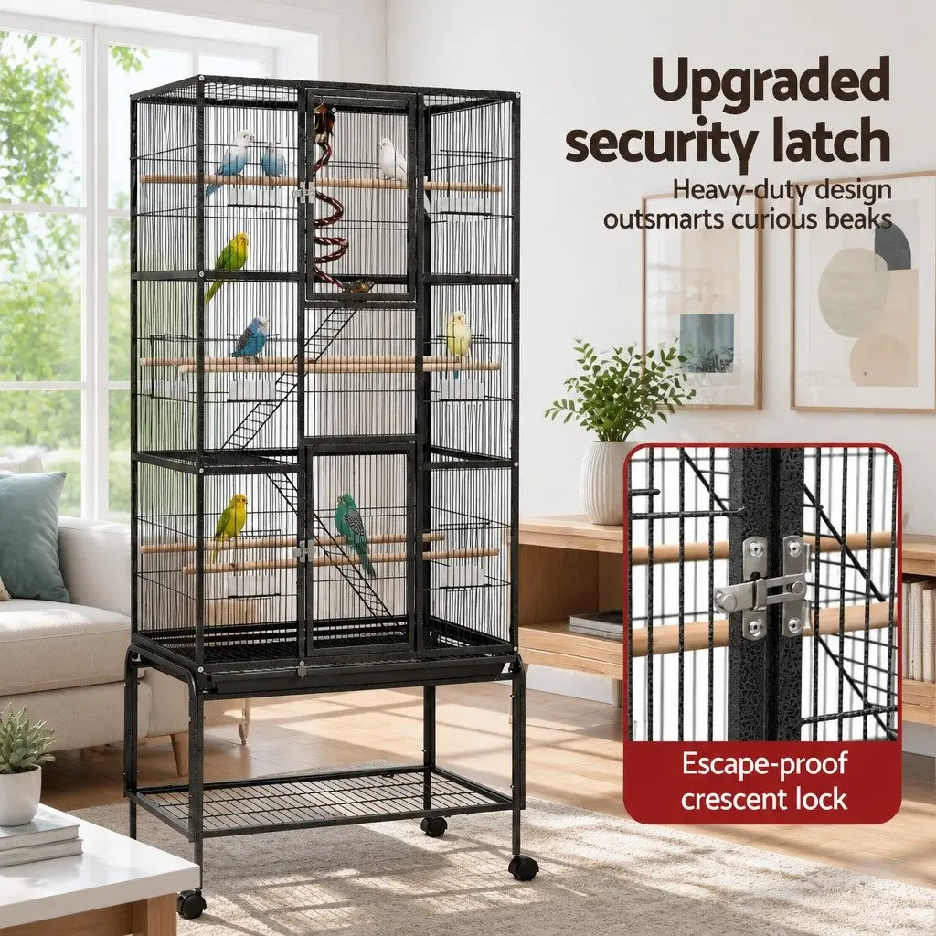 Large Black 3-Tier Bird Cage 176cm Heavy-Duty Steel with Internal Ladders Rolling Wheels