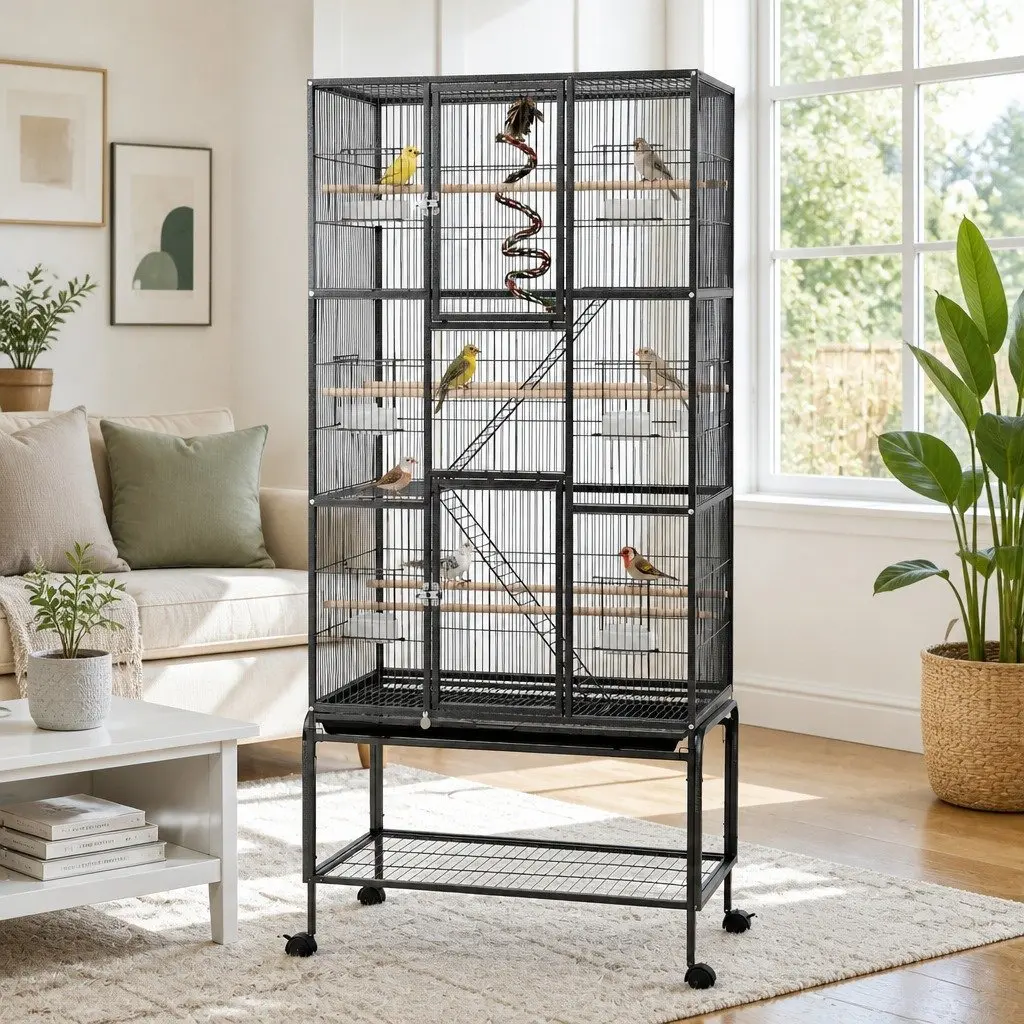 Large Black 3-Tier Bird Cage 176cm Heavy-Duty Steel with Internal Ladders Rolling Wheels