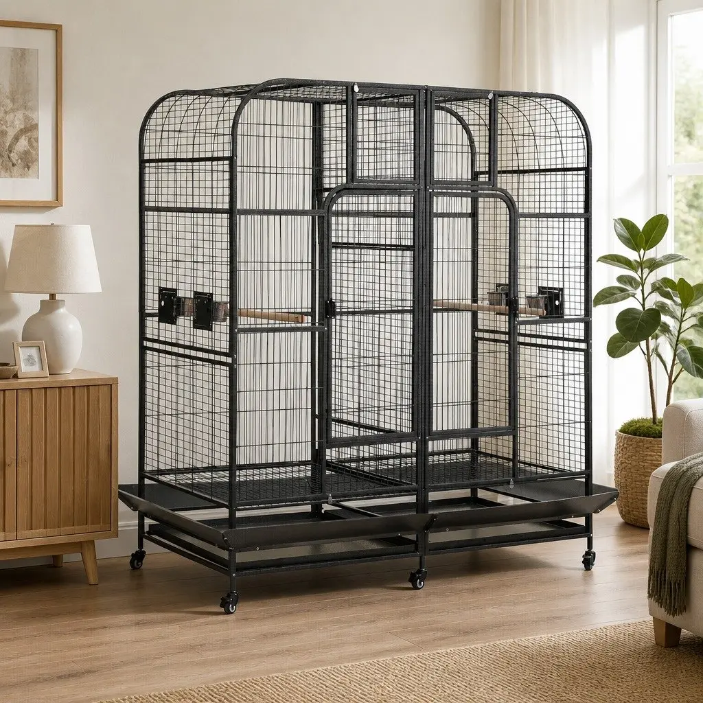 Large Bird Aviary Cage Black 185cm Heavy-duty Wrought Iron Removable Divider Castor Wheels