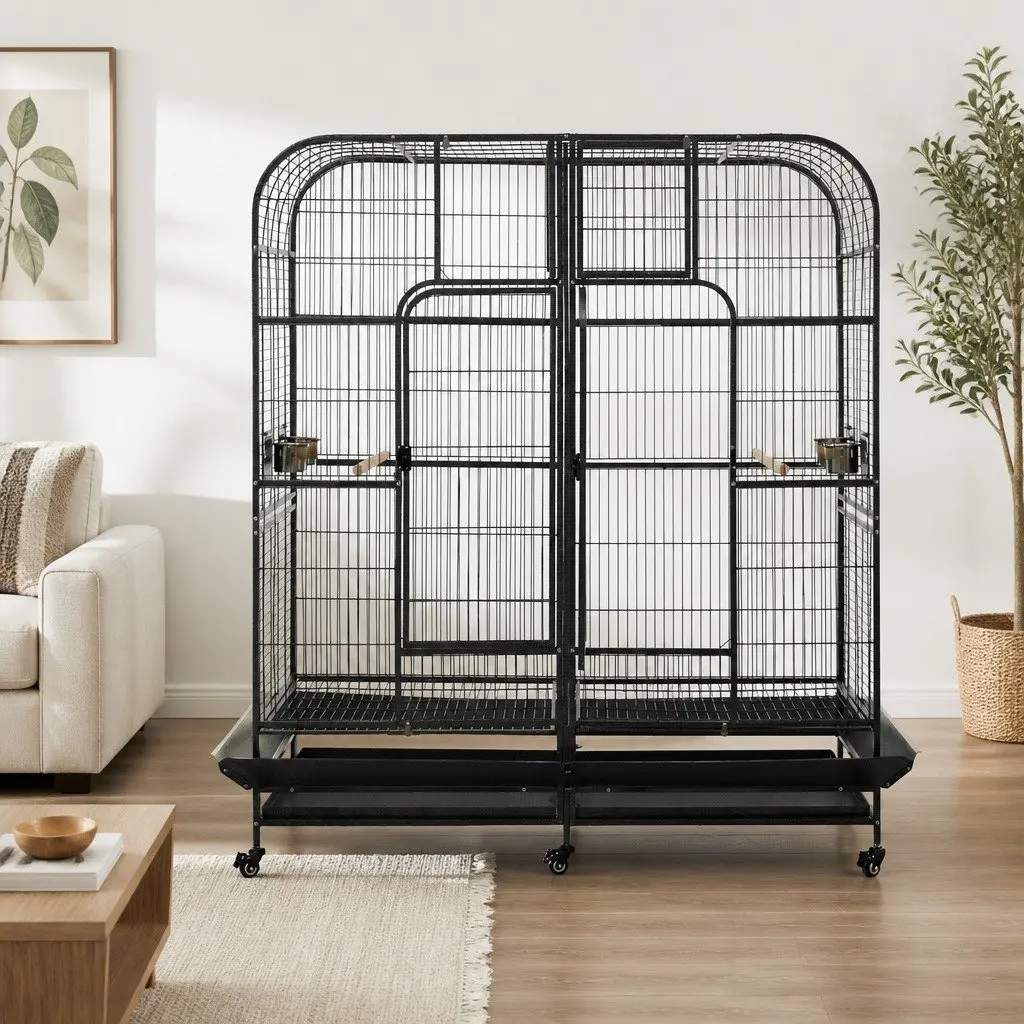 Large Bird Aviary Cage Black 185cm Heavy-duty Wrought Iron Removable Divider Castor Wheels