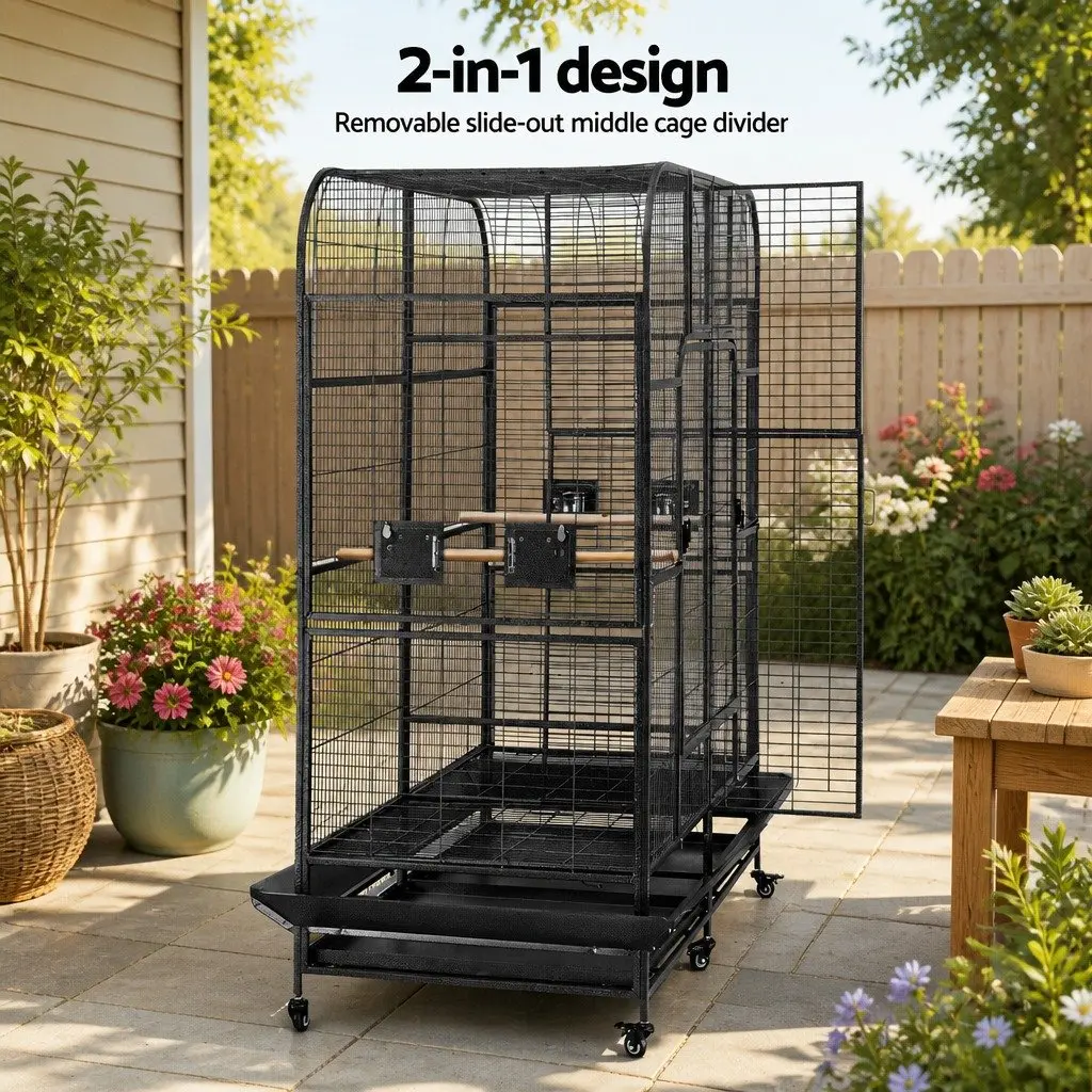 Large Bird Aviary Cage Black 185cm Heavy-duty Wrought Iron Removable Divider Castor Wheels