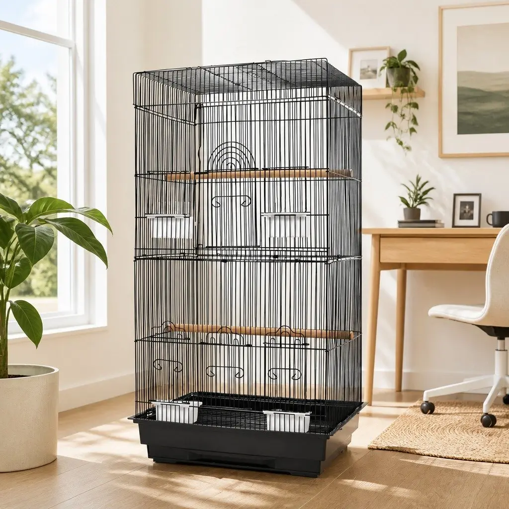 Bird Cage Black 88cm Large Wrought Iron Easy Assemble Perches Feeders