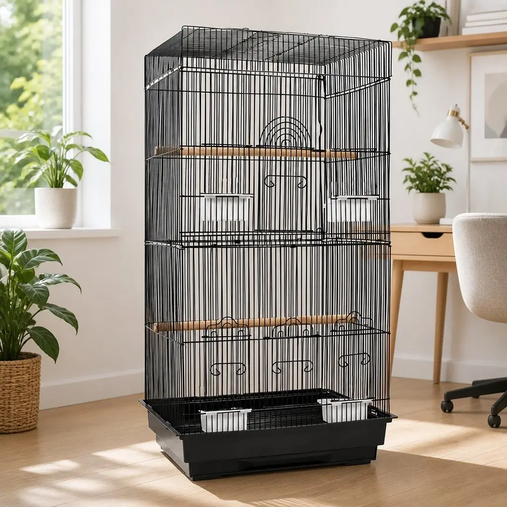 Bird Cage Black 88cm Large Wrought Iron Easy Assemble Perches Feeders