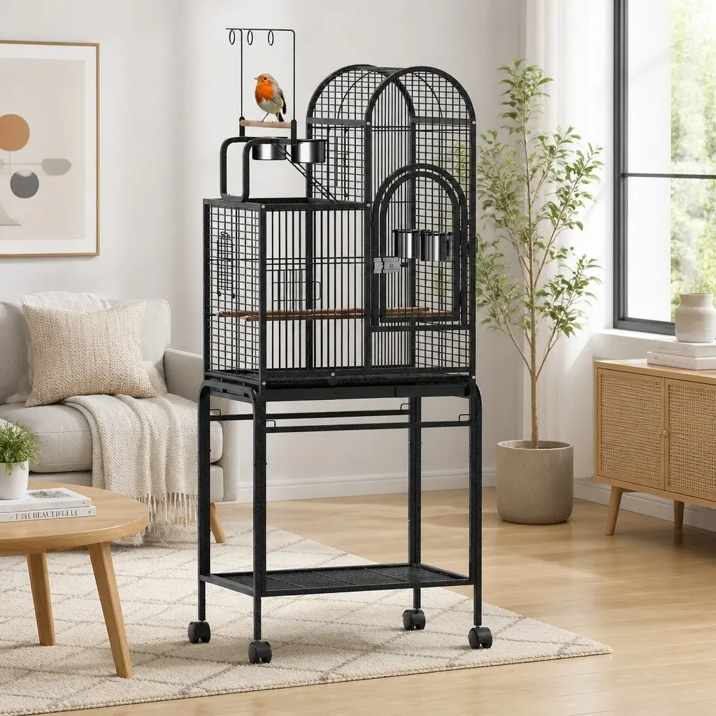 Bird Cage Black 152.5cm Metal Frame Portable with Wheels Multiple Doors