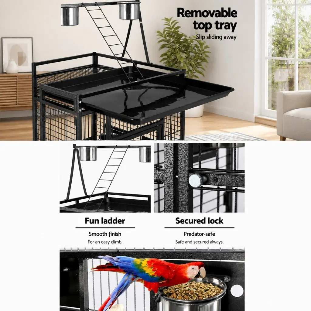 Large Bird Cage Black 173cm Tall Durable Wrought Iron with Perches and Food Bowls