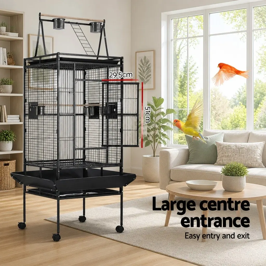 Large Bird Cage Black 173cm Tall Durable Wrought Iron with Perches and Food Bowls
