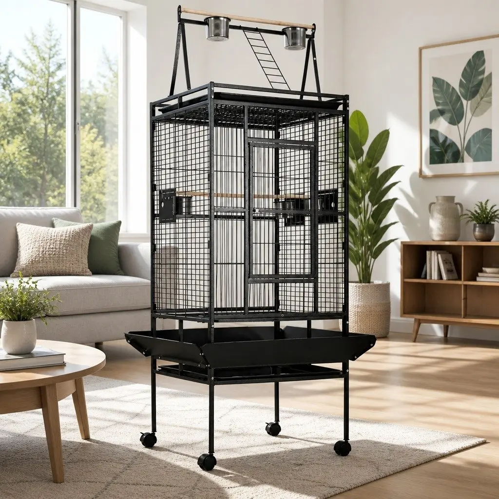 Large Bird Cage Black 173cm Tall Durable Wrought Iron with Perches and Food Bowls