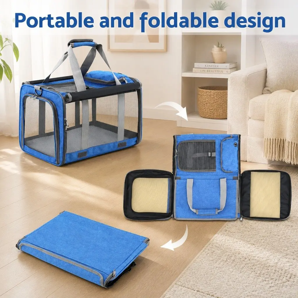 Pet Carrier Backpack Blue Foldable Portable Crate with Breathable Mesh Window and Adjustable Shoulder Straps