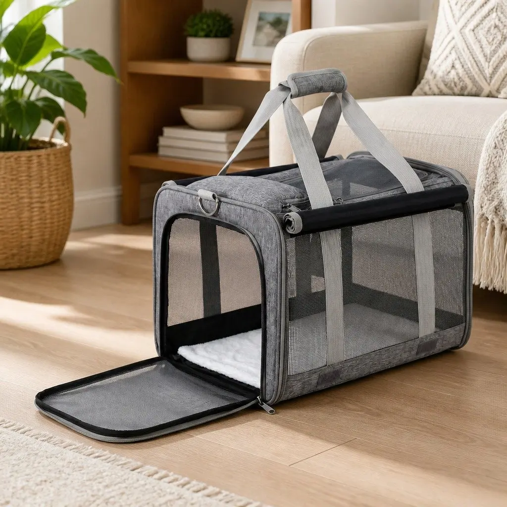 Pet Carrier Backpack Grey Foldable Portable with Breathable Mesh and Adjustable Shoulder Straps