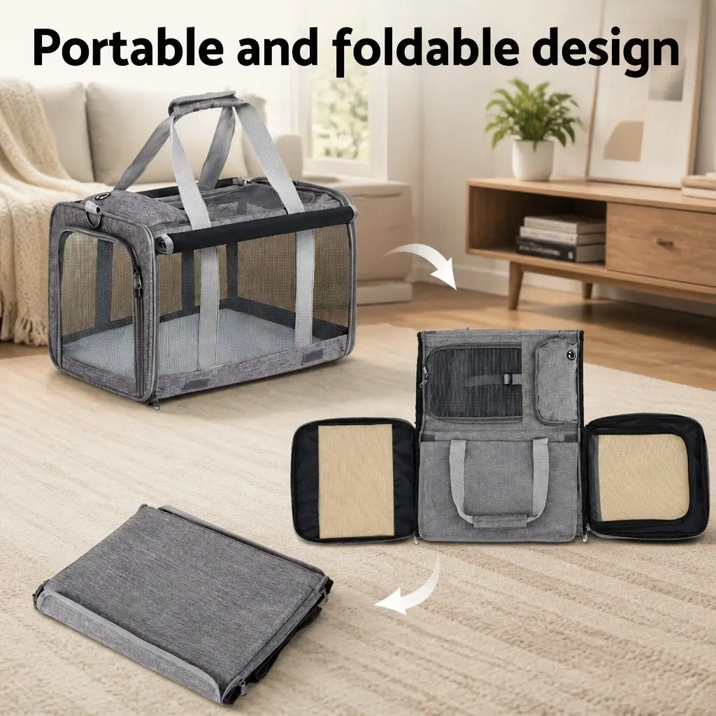 Pet Carrier Backpack Grey Foldable Portable with Breathable Mesh and Adjustable Shoulder Straps