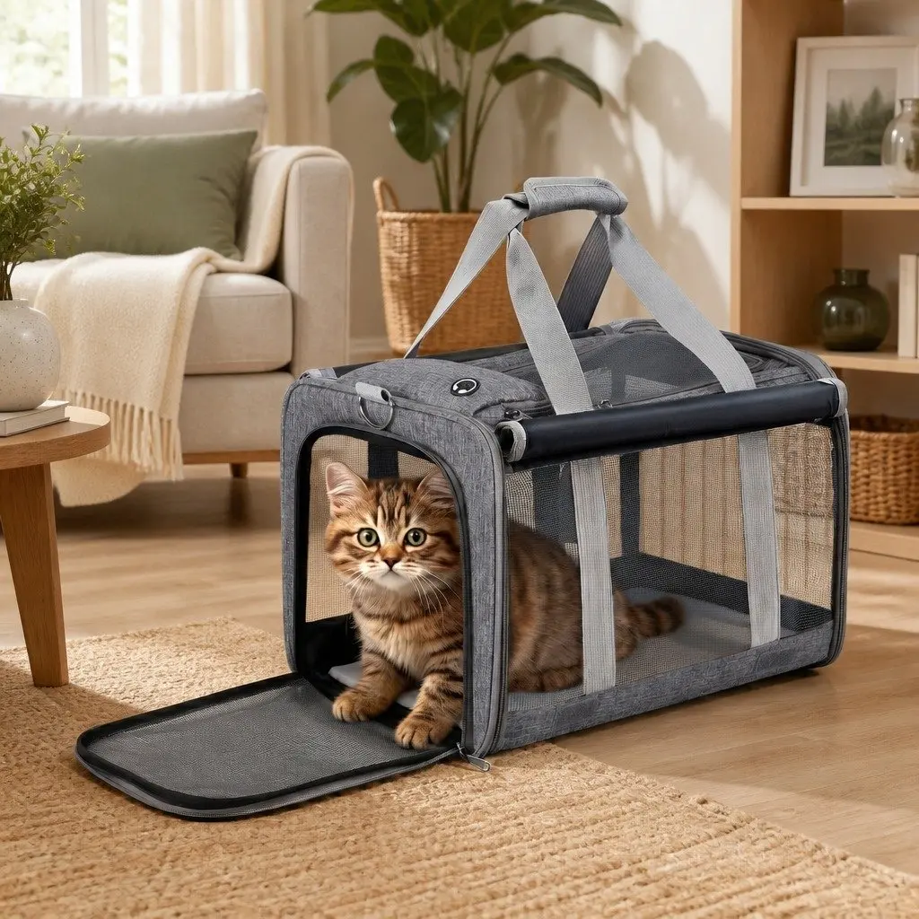 Pet Carrier Backpack Grey Foldable Portable with Breathable Mesh and Adjustable Shoulder Straps