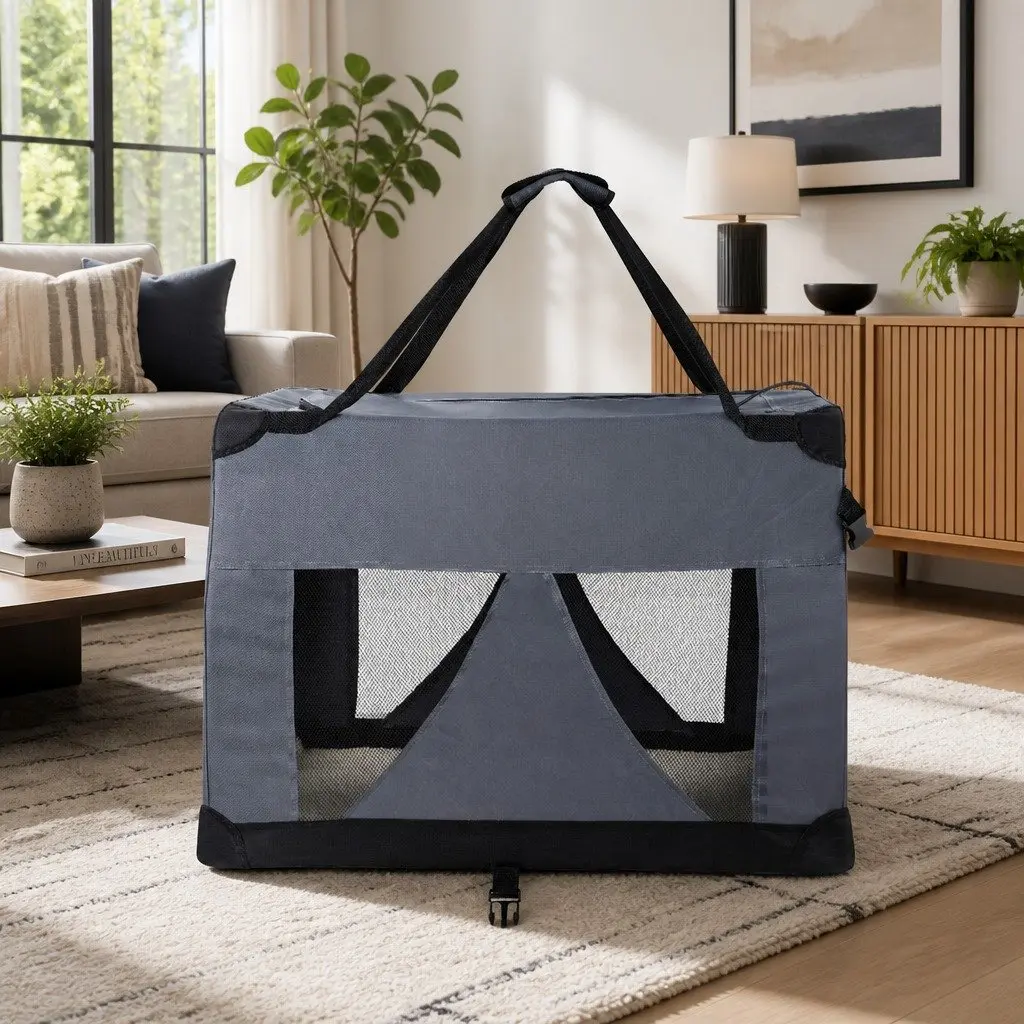 Pet Carrier Grey 121x80cm Portable Foldable Soft Crate for Dog Cat Travel