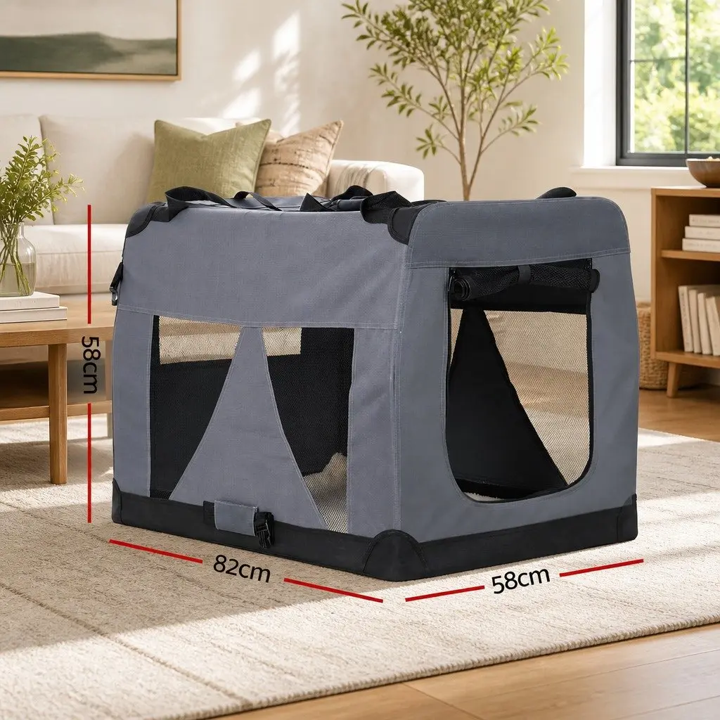 Pet Carrier Grey XL Soft Crate Portable Foldable 82x58cm