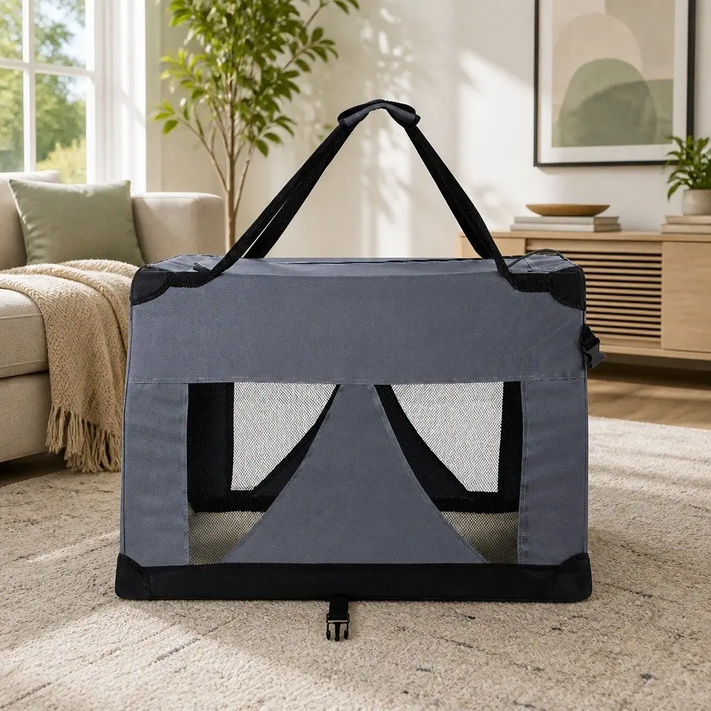 Pet Carrier Grey XL Soft Crate Portable Foldable 82x58cm