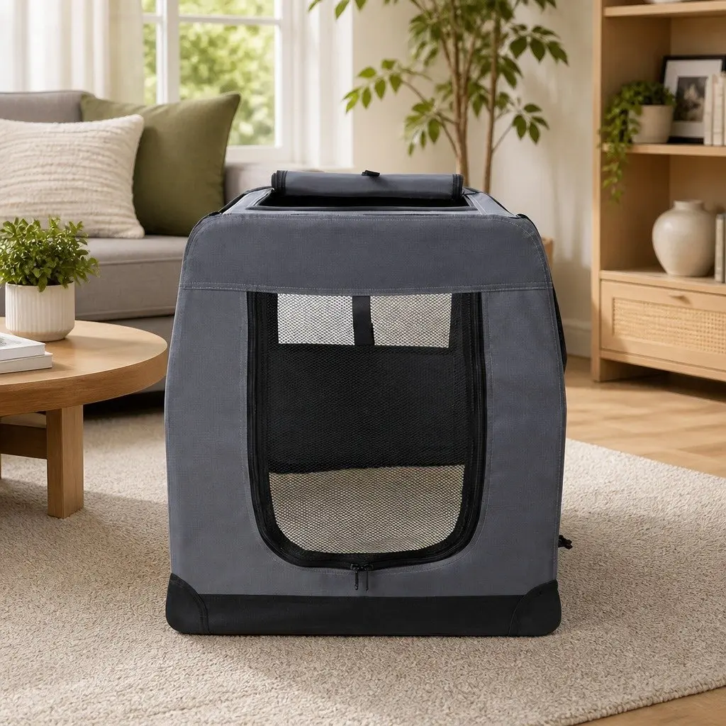 Pet Carrier Grey XL Soft Crate Portable Foldable 82x58cm