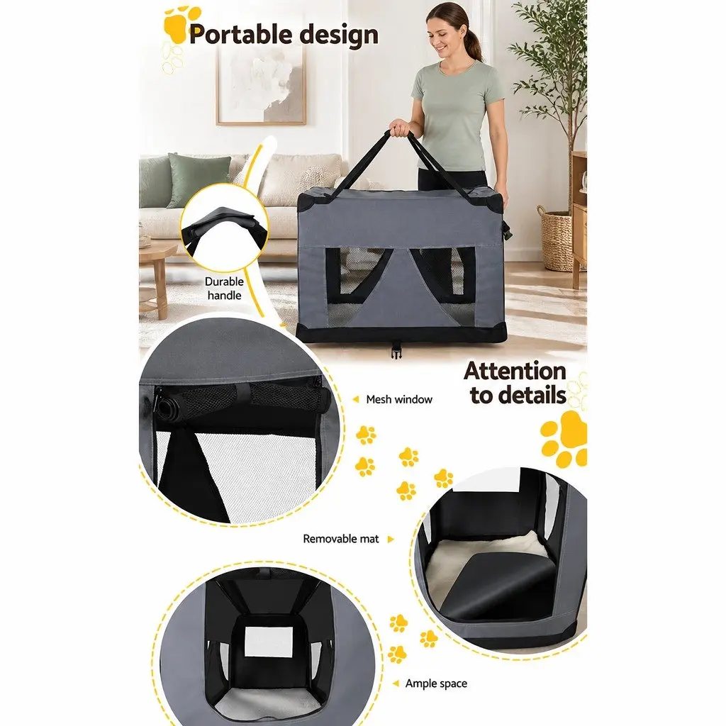 Pet Carrier Grey XL Soft Crate Portable Foldable 82x58cm