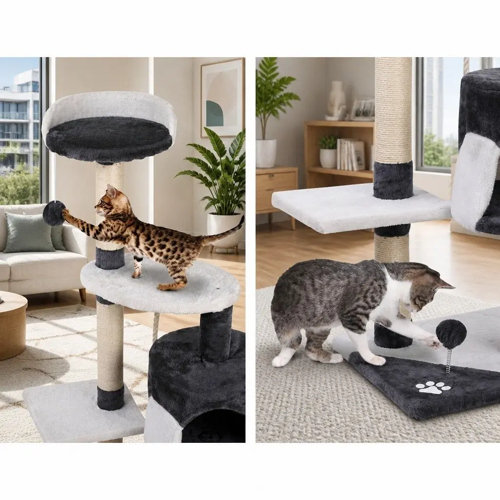 Cat Tree Grey 112cm Tall Multi-Level Scratching Post Tower Condo House