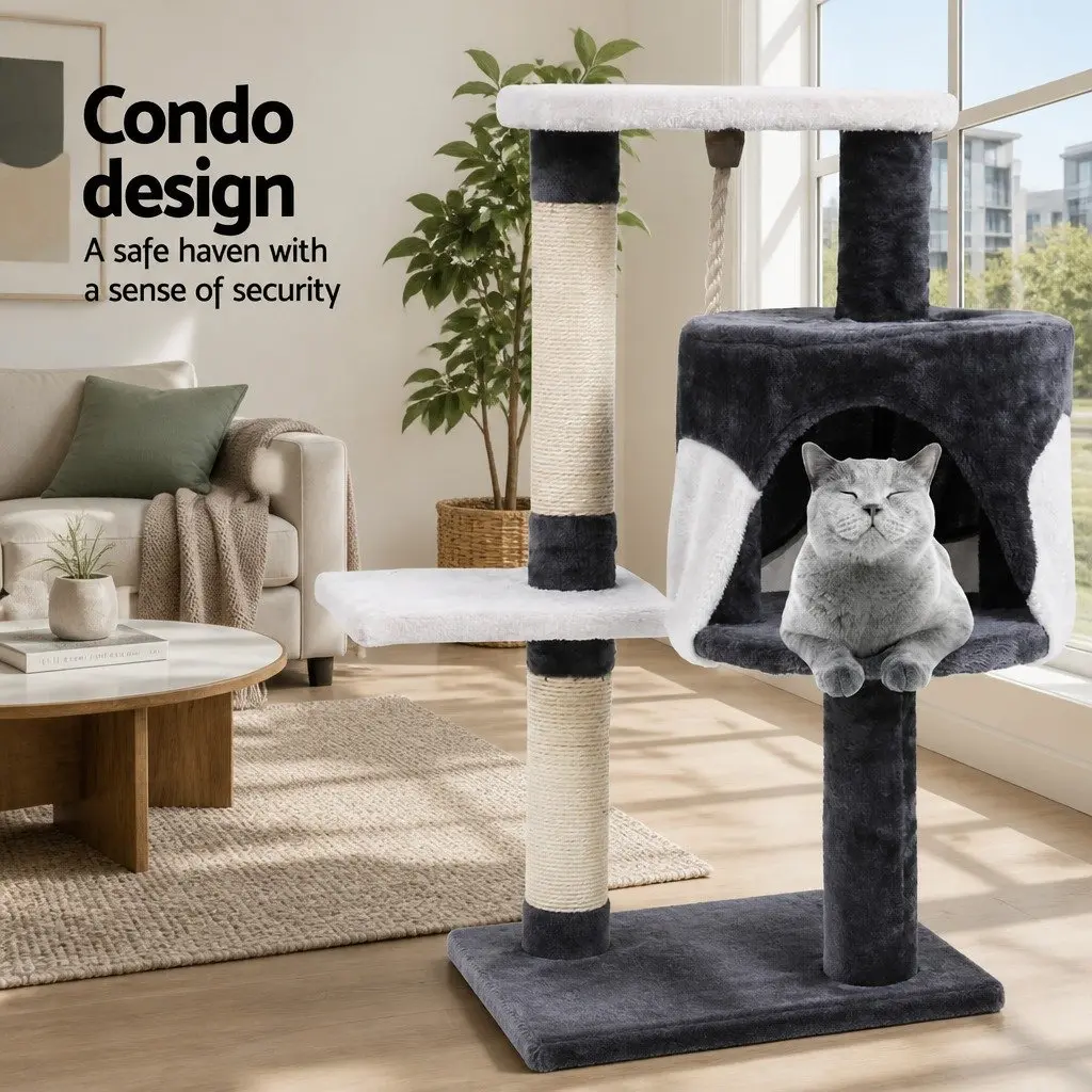 Cat Tree Grey 112cm Tall Multi-Level Scratching Post Tower Condo House