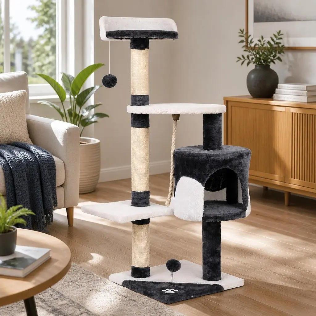 Cat Tree Grey 112cm Tall Multi-Level Scratching Post Tower Condo House