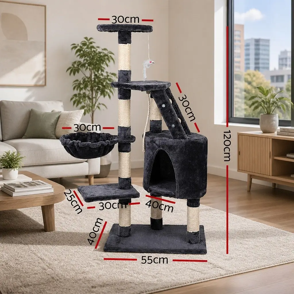 Cat Tree Dark Grey 120cm Multi-Level Scratching Post Tower with Cubby Hole Sleeping Cradles and Side Hammock