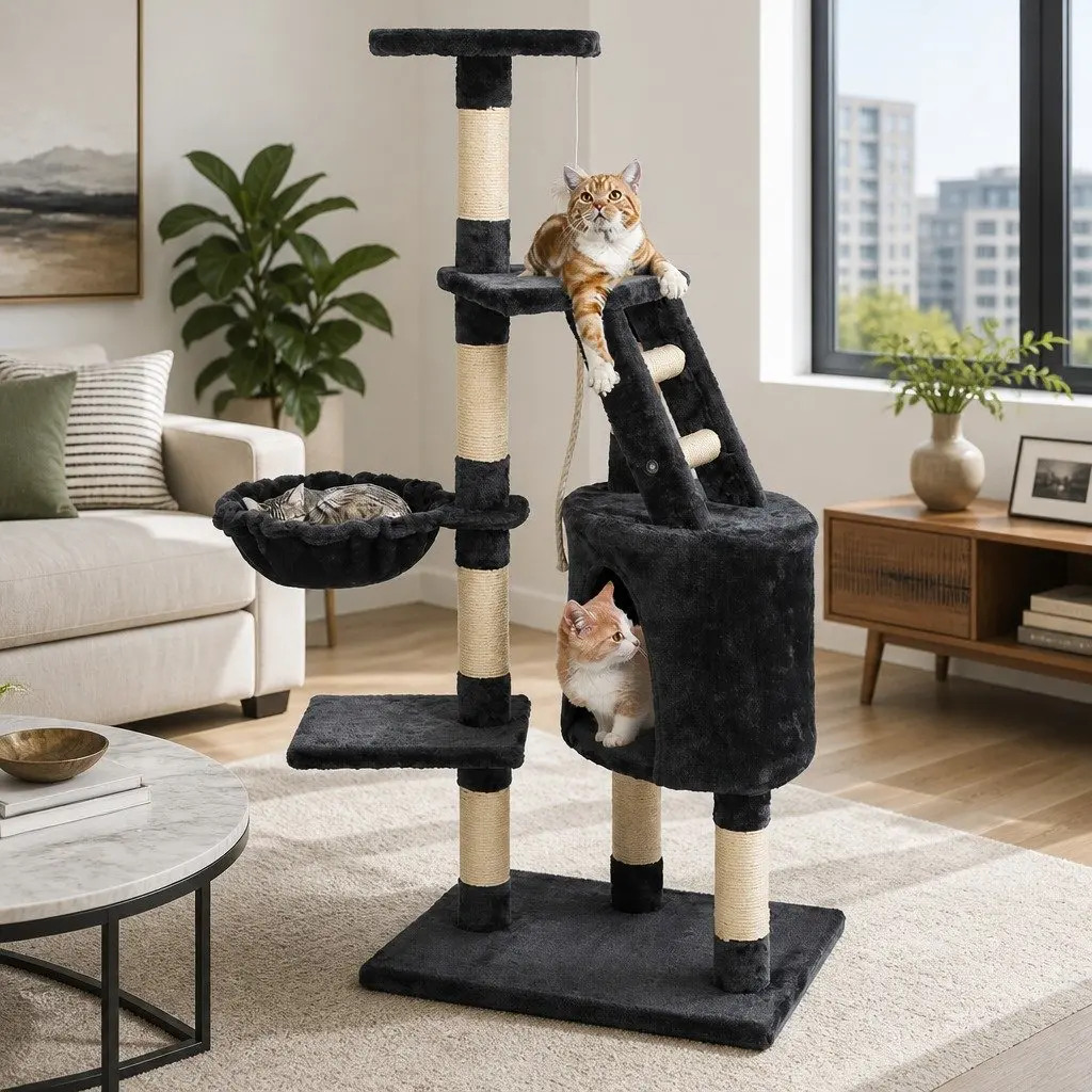 Cat Tree Dark Grey 120cm Multi-Level Scratching Post Tower with Cubby Hole Sleeping Cradles and Side Hammock