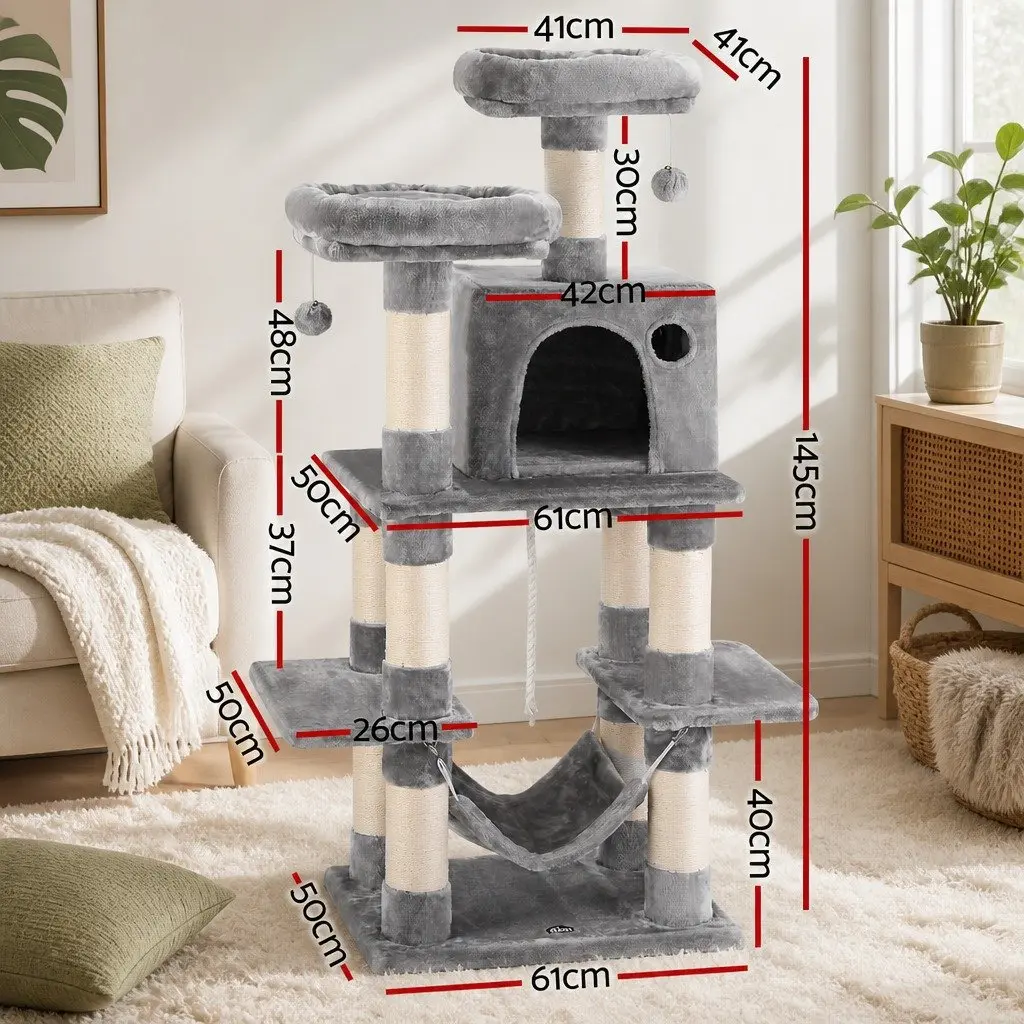 Cat Tree Light Grey 145cm Multi-Level Scratching Post Condo House