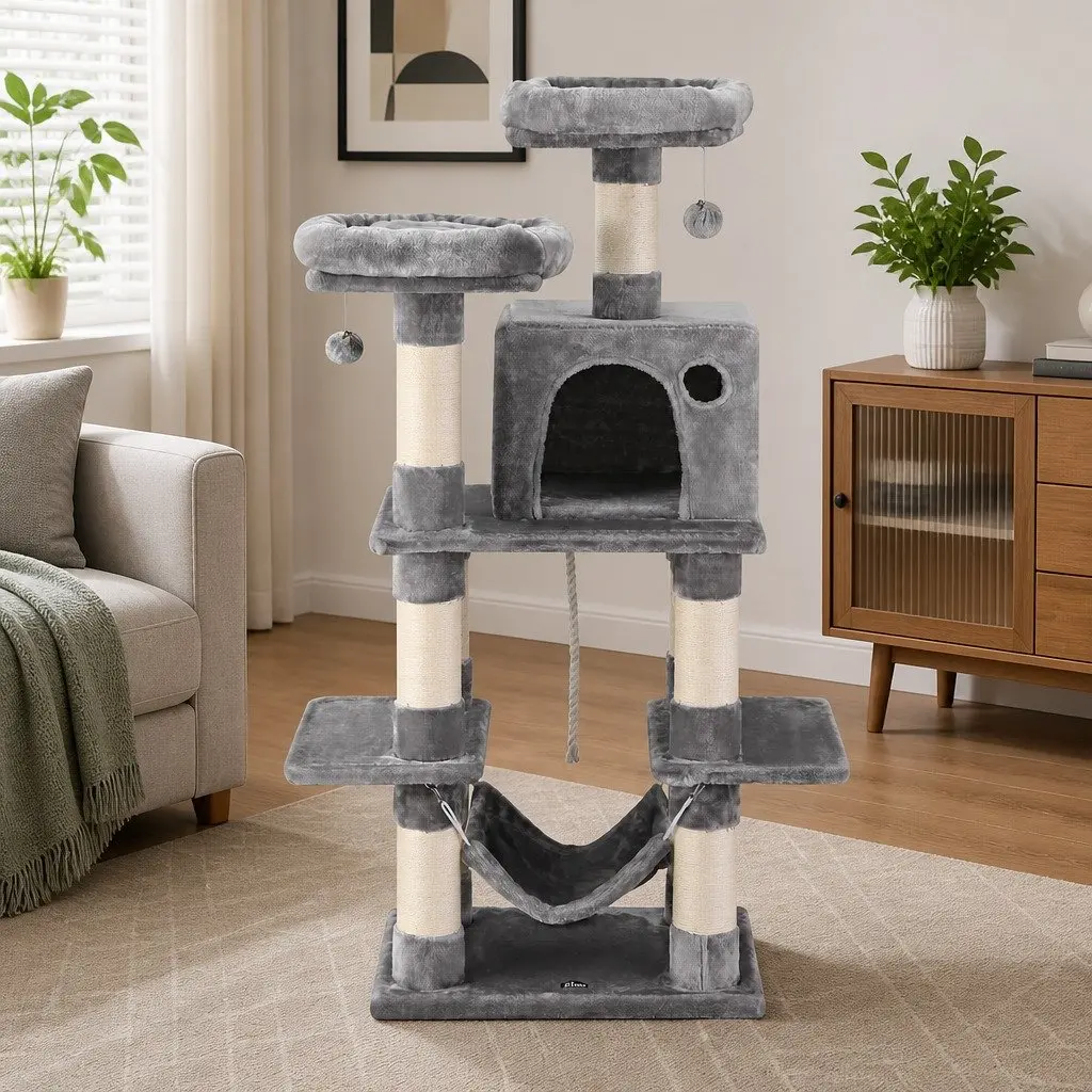 Cat Tree Light Grey 145cm Multi-Level Scratching Post Condo House