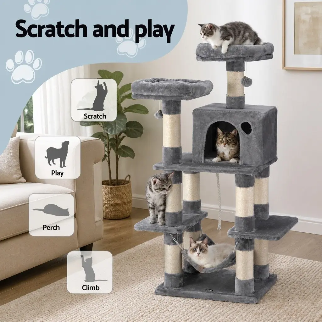 Cat Tree Light Grey 145cm Multi-Level Scratching Post Condo House